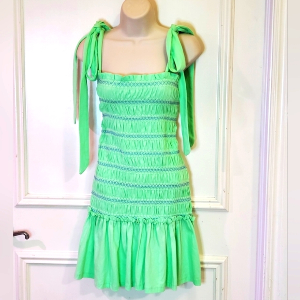 ASOS Green Embroidered Tie Shoulder Strap Ruffle Hem Shirred Mini Dress,Size 14